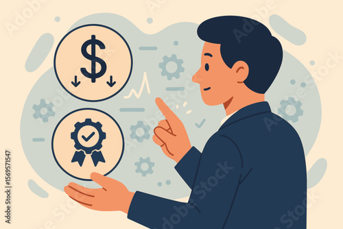 Cost and Quality Control Concept with Businessman Touching Virtual Dollar and Quality Icons to Improve Efficiency, Reduce Company Expenses, and Enhance Work Performance