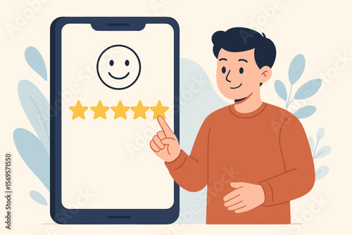 Customer satisfaction concept. 5-star rating. User feedback. Positive review on mobile app. Man gives five stars. Excellent experience. Happy client testimonial. Quality service.
