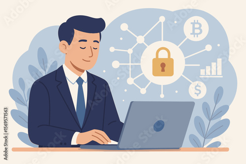 DeFi, Decentralized Finance vector concept. Blockchain business technology illustration. Businessman with laptop on secure financial system, crypto network, bitcoin and investment.