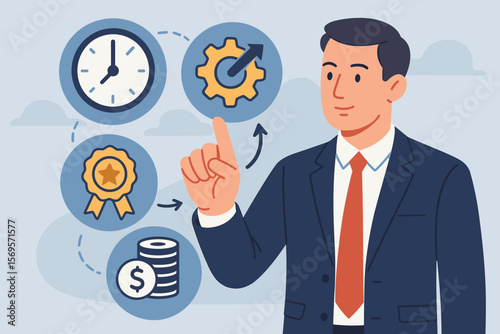Businessman pointing at productivity and efficiency icons with clock, gear, quality badge, and money stack, modern flat vector illustration of time management and success concept