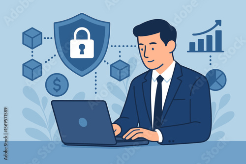 DeFi, Decentralized Finance concept. Businessman works on laptop with blockchain network icons. Fintech, security, crypto investment growth and modern business technology vector.