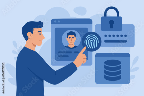 Digital identification concept. Biometric authentication with fingerprint scan for security. Secure access to personal data and database. Cybersecurity and privacy. Vector.