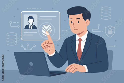 Digital identification concept with businessman using laptop and fingerprint scan on virtual ID card for secure access to digital databases and data protection