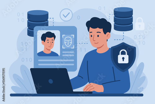 Cyber security concept with user authentication via facial recognition. Man at laptop accessing secure database with digital ID. Biometric verification for data protection and privacy.