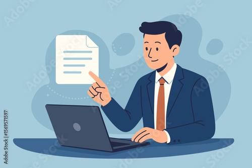 Digital document management system and data storage technology concept. Businessman uses a laptop, pointing at a virtual file icon for an online documentation database and archive.