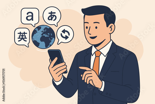 Businessman using smartphone for global language translation and multilingual communication. Man holding phone with translation app icon, globe and foreign language symbols.