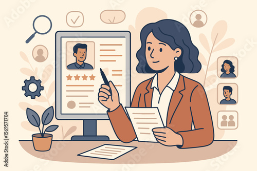 Human resources manager reviewing candidate CV profile on computer. HR management, recruitment, and hiring concept. Headhunter agency evaluating employee for a job vacancy.