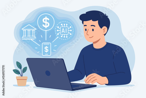FinTech financial technology concept. Man using laptop for digital banking, online finance, mobile payments, and investment with AI. Innovation in economy and business. Vector.