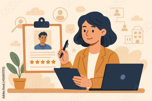 Human resources management vector illustration. HR manager reviewing employee profile and CV for job vacancy. Recruitment, hiring, headhunting, and candidate evaluation concept.