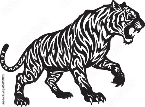 Stylized tribal tiger silhouette, sharp angular patterns, aggressive stance, abstract claws and tail, black ink design on white background, tattoo style Adobe Illustrator Artwork