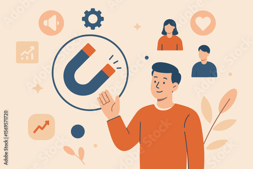 Inbound marketing strategy concept. Man with a magnet attracting new customers and generating leads. Digital content marketing for audience engagement, retention, and business growth.