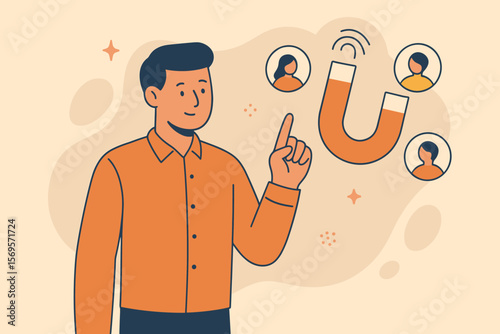 Inbound marketing strategy concept. Businessman with magnet attracting customers and clients. Lead generation and customer retention metaphor. Vector flat cartoon illustration.