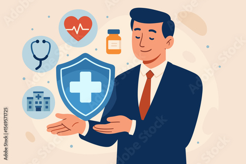 Health insurance concept with a businessman holding a protection shield. Medical care, hospital access, doctor visit, medication symbols. Healthcare and life welfare vector.