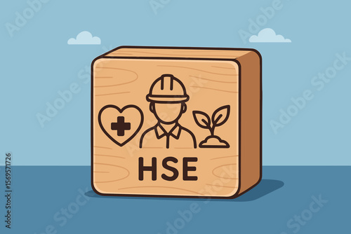 HSE concept with icons on wooden block. Health, Safety, Environment vector illustration. Workplace standard for industrial business. Occupational safety and quality control.