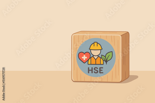 HSE, Health Safety Environment concept on wooden block. Vector icon for business, industrial standards, organization, and company policy. Occupational workplace safety.