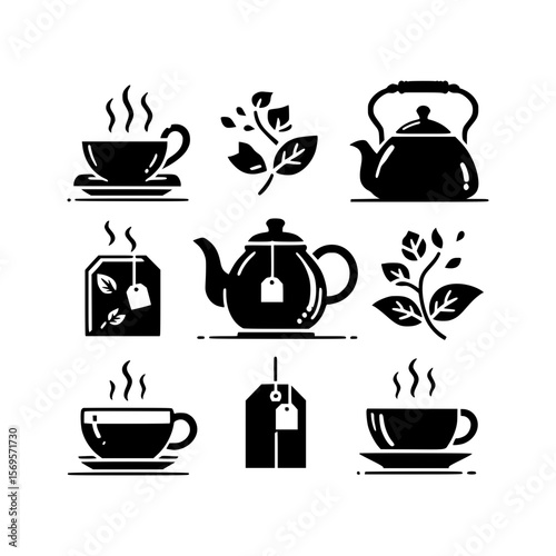 Collection of black tea icons including teapots cups tea bags and tea leaves