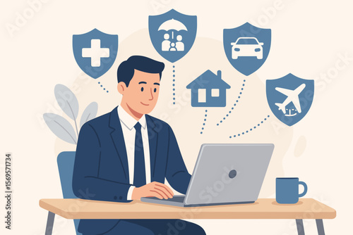 Insurance and assurance concept with a businessman using a laptop. Icons for medical, life, family, car, home, and travel insurance. Online policy and protection service.