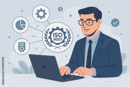 ISO 9001 standard for quality management system. Businessman working on laptop with QMS certification, control, and assurance process icons. Standardization and audit concept.