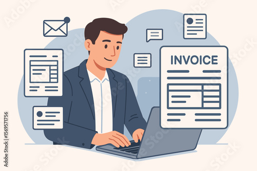 Online invoice concept. Businessman using laptop for e-invoicing, digital payment. Financial accounting, bookkeeping, electronic bills. Modern flat vector illustration.
