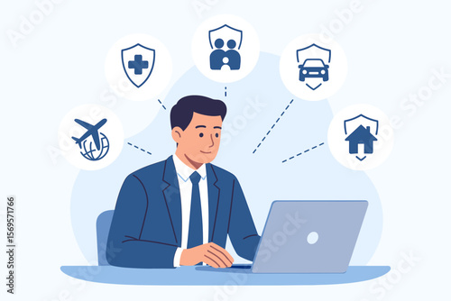 Insurance and assurance concept. Businessman using laptop with icons for medical, life, family, car, home, travel insurance. Agent offering online protection policy. Vector.