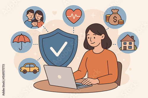 Woman at laptop choosing insurance policy online. Life, health, car, real estate, and financial protection concept. Risk management and security with shield. Flat vector art.