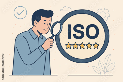 ISO standards quality control concept. Quality assurance with five stars for product guarantee. ISO certification, audit, compliance, and inspection. Flat vector illustration.