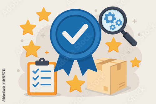 Quality control and assurance vector concept. ISO standard certification with checkmark badge. Product inspection, guarantee, and five-star satisfaction rating. Flat design.