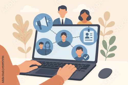Online job fair concept. Employee recruitment and hiring process. Human resources manager selects candidates on laptop. Virtual career fair, applicant profiles on screen.