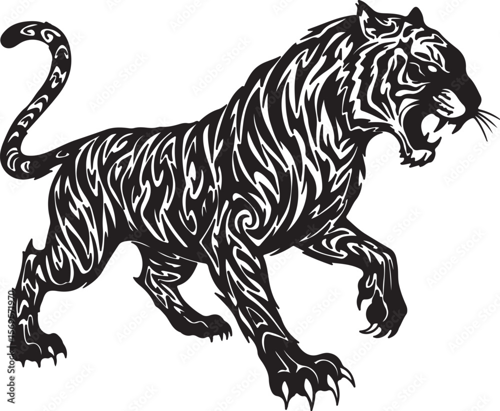 Obraz premium Stylized tribal tiger silhouette, sharp angular patterns, aggressive stance, abstract claws and tail, black ink design on white background, tattoo style Adobe Illustrator Artwork