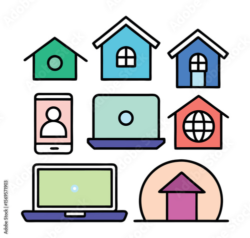 Colorful Digital Home Icons Representing Remote Work and Online Communication.