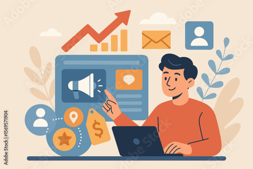 Online marketing campaign strategy. Digital advertising, email marketing, social media promotion, customer journey, pricing, loyalty program, sales growth. Person at laptop.