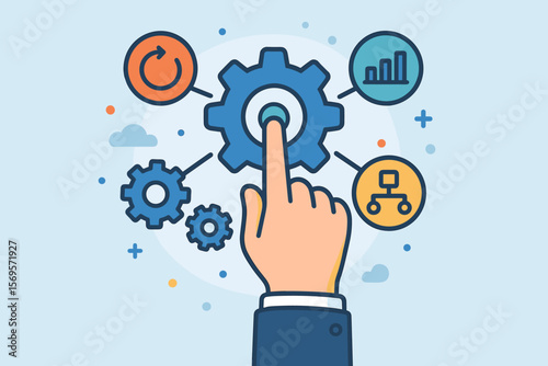 Business operations management concept. Hand pressing gear icon. Workflow automation, strategy planning, process optimization, productivity, teamwork, flat vector illustration