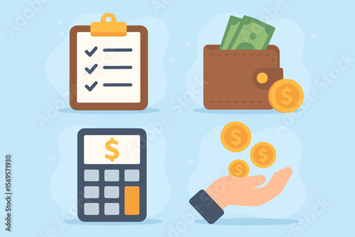 Outsourcing business management concept. Human resources, global recruitment, payroll, finance planning, relationship management, money calculation, modern flat vector illustration