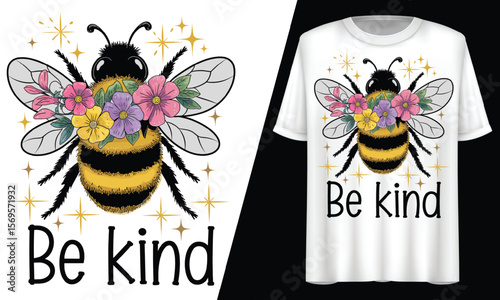 Bee Kind Floral Bee, Inspirational, T-Shirt Design.