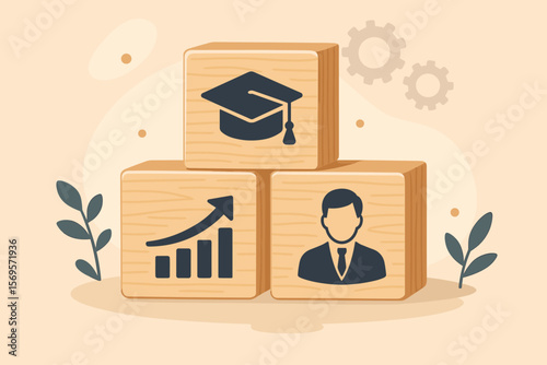 MBA Master of Business Administration program concept. Business education, management skills development, leadership training, career growth. Wooden blocks, flat vector illustration.