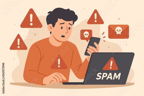 Internet Security Threat Alert. Person Using Smartphone and Laptop Facing Spam, Virus, Malware Warnings, Email Phishing, Cyber Attack Notification. Online Safety Concept Vector