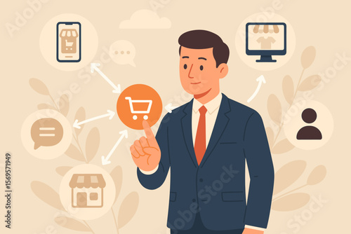 Omni channel marketing strategy concept. Businessman in suit touches ecommerce icons. Online and offline sales, social media communication, retail integration, digital commerce