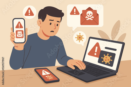 Cybersecurity threat alert concept. Person using smartphone and laptop receives virus, malware, phishing email warnings. Internet security, spam notification, data protection illustration