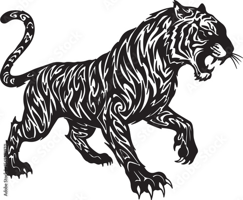Stylized tribal tiger silhouette, sharp angular patterns, aggressive stance, abstract claws and tail, black ink design on white background, tattoo style Adobe Illustrator Artwork