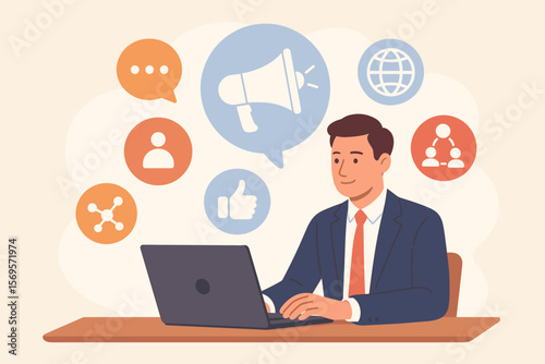 Public relations business strategy. Businessman at laptop with PR, communication, marketing, advertising, social media, networking icons. Modern flat vector illustration.