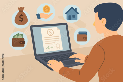 Personal loan application and finance management concept. Man using laptop for online loan agreement, digital banking, money transfer, mortgage, wallet, payment icons. Vector illustration