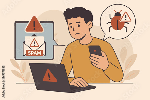 Internet Security Alert Concept. Man Using Smartphone and Laptop Receives Spam Email Warning, Virus Bug Notification, Malware Threat, Caution Symbol. Cybersecurity Vector Illustration