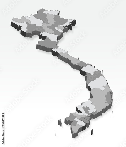 3D  Vietnam map with all provinces in gray. Three dimensional map Vietnam with shadow  on white background for your design, app, UI.  EPS10.