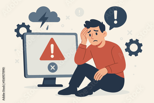 Frustrated man with error warning on computer screen, exclamation mark alert, system failure, troubleshooting, technology problem, stress, technical support, flat vector illustration
