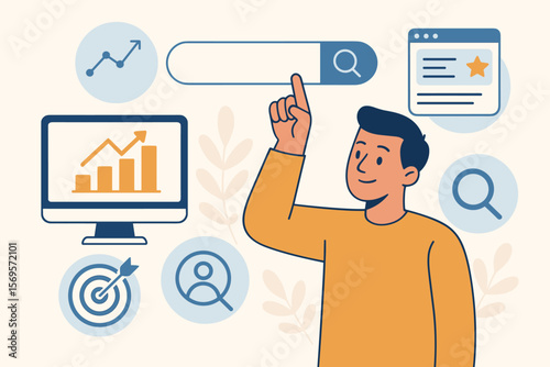 SEO search engine optimization concept. Website ranking analysis. Keyword targeting, digital marketing strategy. Person touching virtual search icons. Data analytics, growth chart