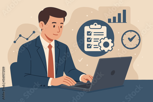 Service Level Agreement SLA Concept. Businessman Tracking Service Performance, Process Optimization, KPI Checklist, Productivity, Quality Assurance, Time Management, Data Analysis