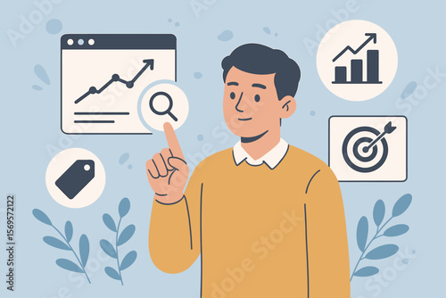 SEO search engine optimization concept. Website analytics, ranking improvement, keyword targeting, digital marketing strategy. Person analyzing data, growth, business success.