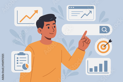 SEO search engine optimization concept with person interacting with search bar, analytics, ranking, keyword targeting, marketing strategy, website data analysis, growth charts