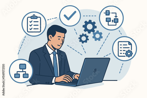 Standard Operating Procedure SOP Concept. Businessman Working on Laptop with Virtual Icons for Workflow, Instructions, Quality Control, Process Management, Checklist, Documentation
