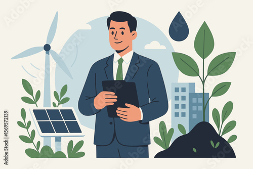 Sustainable business leader with clipboard promoting eco-friendly practices, renewable energy, solar panels, wind power, water conservation, plant growth, green corporate strategy